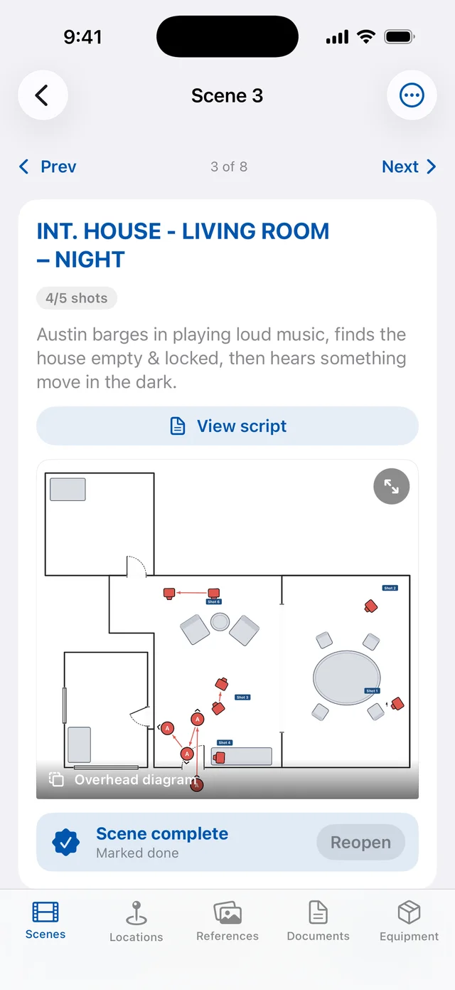 A scene with its overhead diagram on iPhone