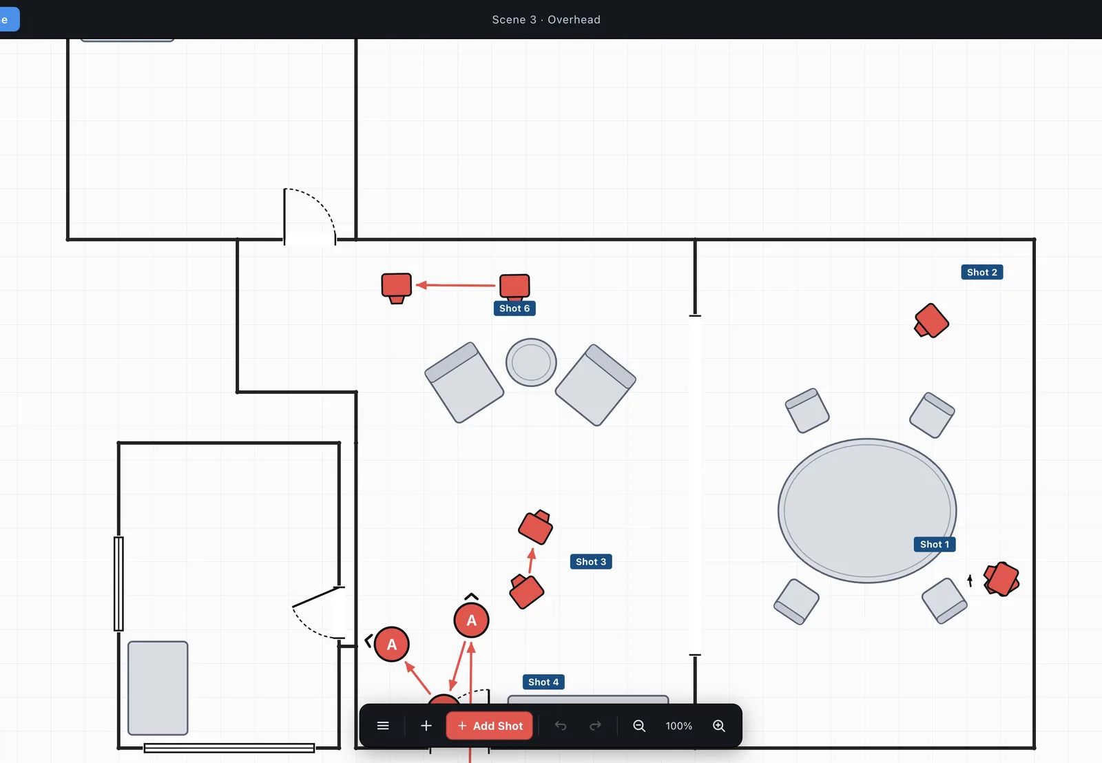 An overhead blocking diagram with cameras, cast and moves